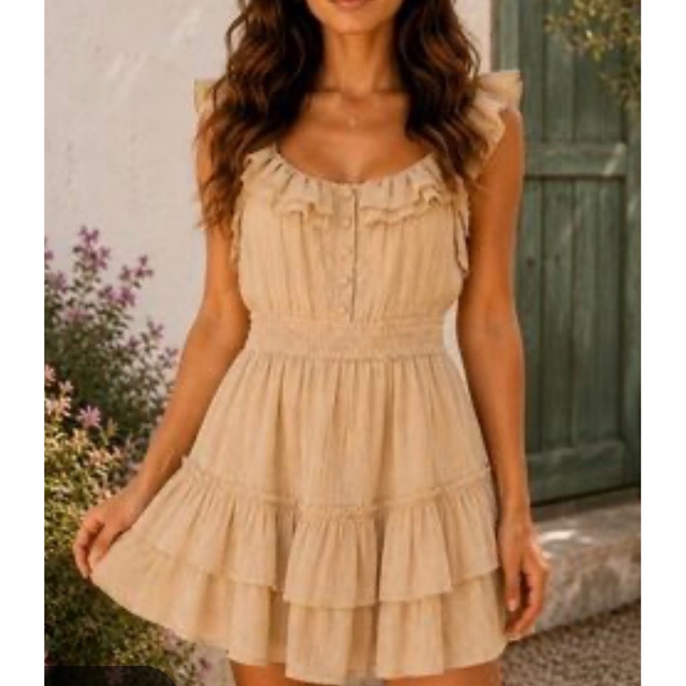 Chelsea & Violet Ruffle Mini Dress Beige Tan Smocked Waist Tiered Sun Dress